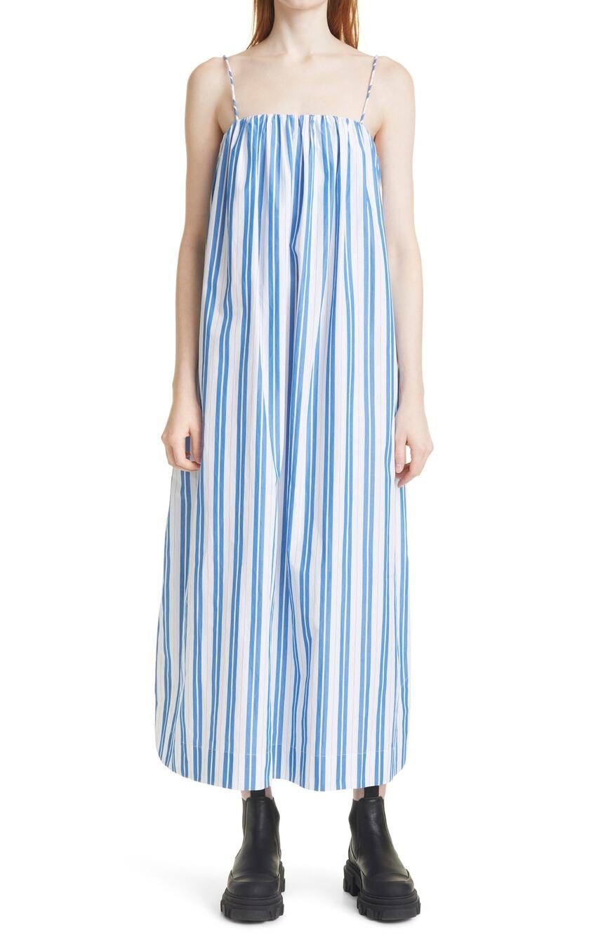GANNI Stripe Organic Cotton Tank Maxi Dress - US 8 Blue